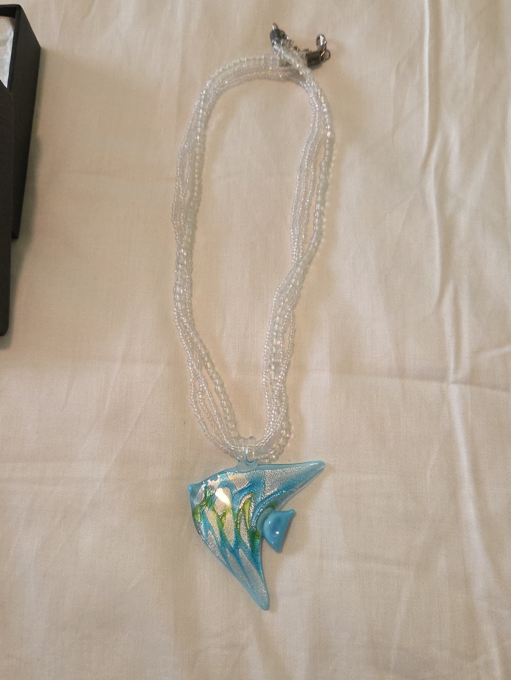 Blue Glass Stingray Pendant Necklace with Clear Beaded Strand